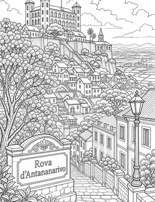 Detailed coloring page of Antananarivo royal hill and old city featuring Rova d’Antananarivo sign
