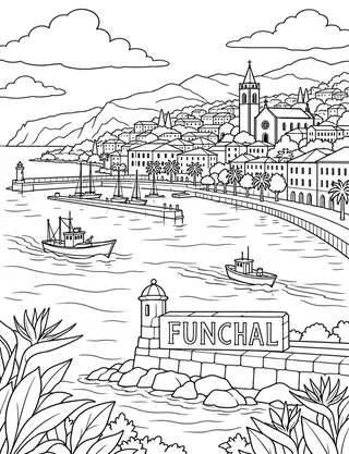 Detailed coloring page of Funchal waterfront and old city roofs featuring Funchal sign