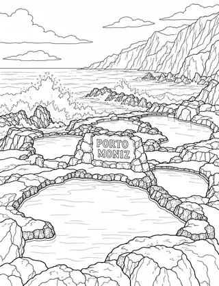 Detailed coloring page of Porto Moniz volcanic pools featuring Porto Moniz sign