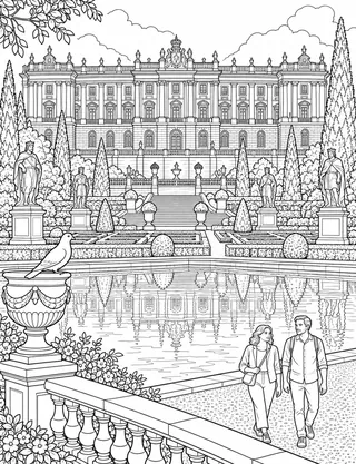 Detailed coloring page of Royal Palace of Madrid & Sabatini Gardens