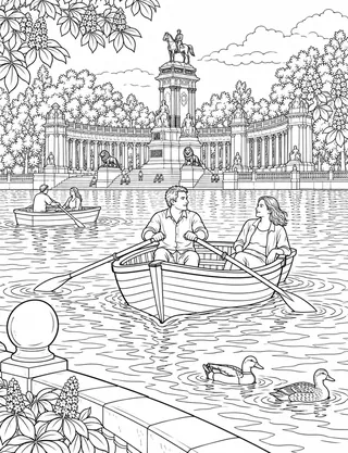 Detailed coloring page of Rowboating on El Retiro Great Pond