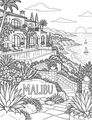 Detailed coloring page of Luxe ocean-cliff mansion panorama featuring Malibu sign