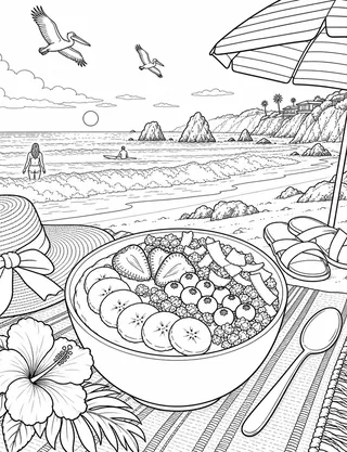 Detailed coloring page of Açaí bowl beach picnic