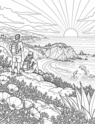Detailed coloring page of Point Dume golden sunset overlook