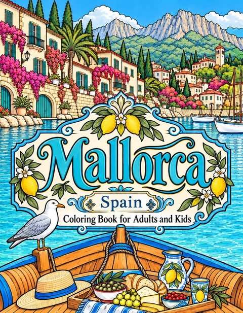 Mallorca Coloring Book for Adults cover illustration by Louisa May Carson