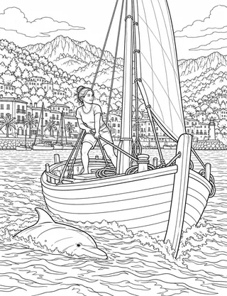 Detailed coloring page of Port de Soller Traditional Llaut Under Sail