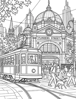 Detailed colouring page of Heritage tram at Flinders Street Station featuring Flinders Street sign