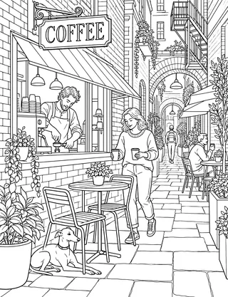 Detailed colouring page of Melbourne laneway coffee bar featuring Coffee sign