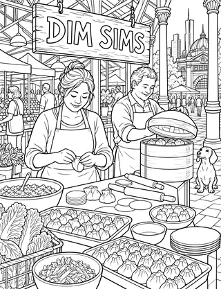 Detailed colouring page of South Melbourne dim sim stall featuring Dim Sims sign