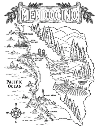 Illustrated travel map of Mendocino landmarks and attractions