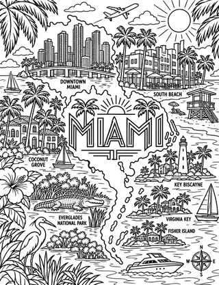 Illustrated travel map of Miami landmarks and attractions