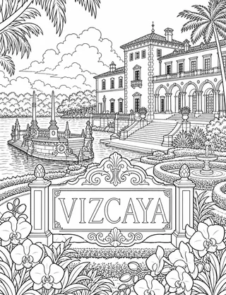 Vizcaya Miami coloring page with detailed line art