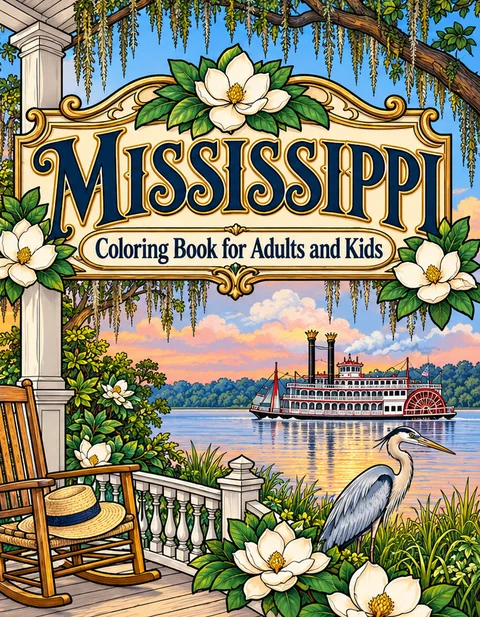 Mississippi Coloring Book for Adults cover illustration by Louisa May Carson