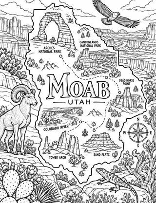 Illustrated travel map of Moab landmarks and attractions