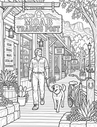 Detailed coloring page of Historic Moab Main Street featuring Moab Trading Post sign