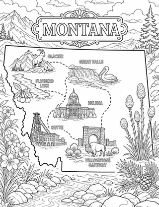 Illustrated travel map of Montana landmarks and attractions