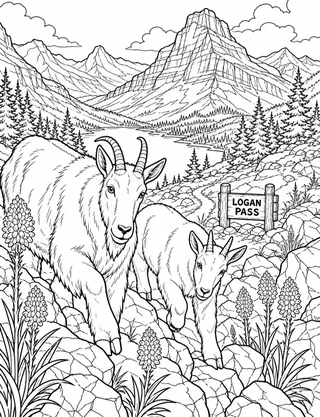 Detailed coloring page of Mountain goats featuring Logan Pass sign