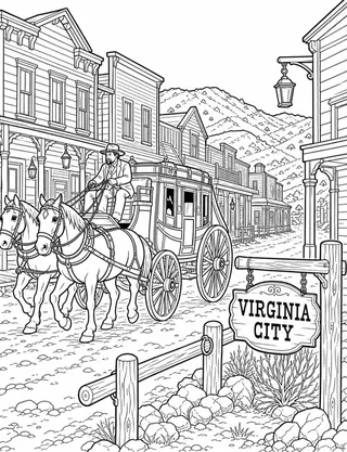 Detailed coloring page of Virginia City stagecoach street with preserved frontier architecture featuring Virginia City sign