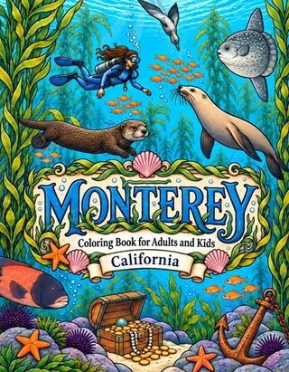 Monterey Coloring Book for Adults cover illustration by Louisa May Carson