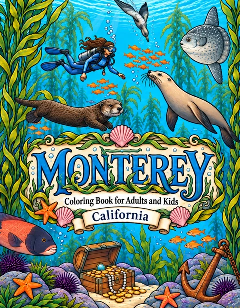Monterey Coloring Book for Adults cover illustration by Louisa May Carson