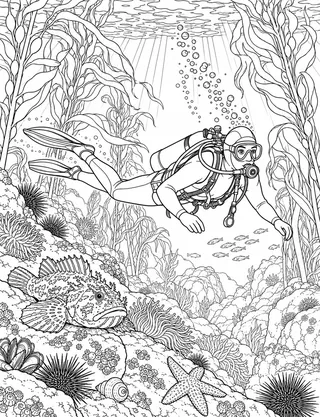 Detailed coloring page of scuba diving in Monterey Bay National Marine Sanctuary