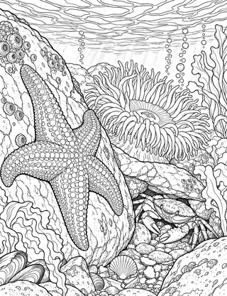 Detailed coloring page of rocky tide pools at Point Lobos State Natural Reserve