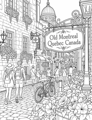 Detailed colouring page of Old Montreal Cobblestone Street & Streetlamp featuring Old Montreal Quebec Canada sign