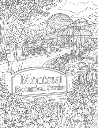 Montreal Botanical Garden colouring page with detailed line art