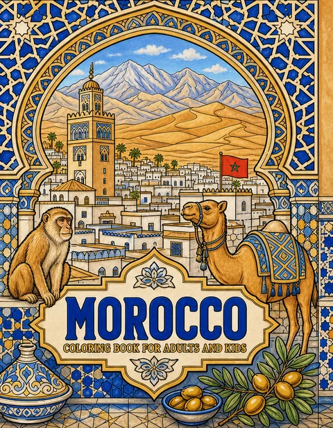Morocco Coloring Book for Adults cover illustration by Louisa May Carson