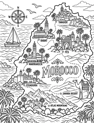 Illustrated travel map of Morocco landmarks and attractions
