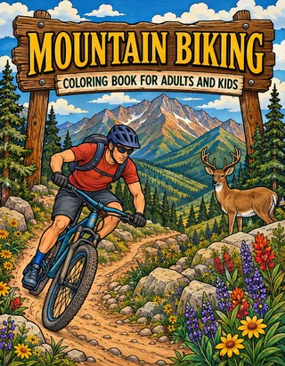 Mountain Biking Coloring Book for Adults cover illustration by Louisa May Carson