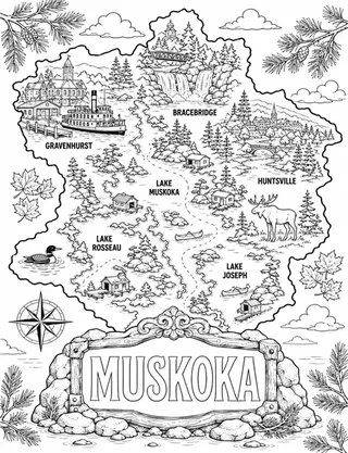 Illustrated travel map of Muskoka landmarks and attractions