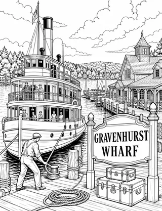 Gravenhurst Wharf Muskoka colouring page with detailed line art