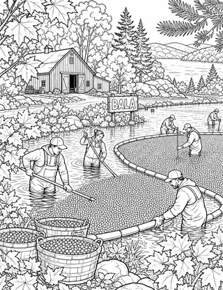 Detailed colouring page of Bala Cranberry Harvest featuring Bala sign