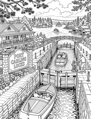 Port Carling Locks Muskoka colouring page with detailed line art