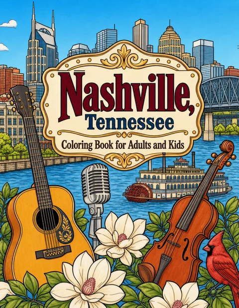 Nashville Tennessee Coloring Book for Adults cover illustration by Louisa May Carson