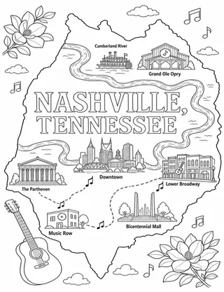 Illustrated travel map of Nashville Tennessee landmarks and attractions