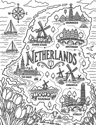Illustrated travel map of Netherlands landmarks and attractions