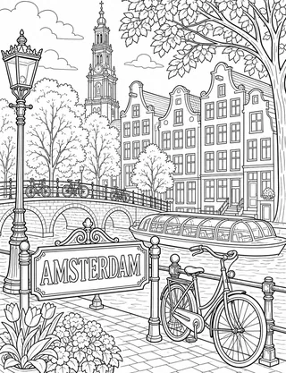Detailed coloring page of Amsterdam Canals featuring Amsterdam sign
