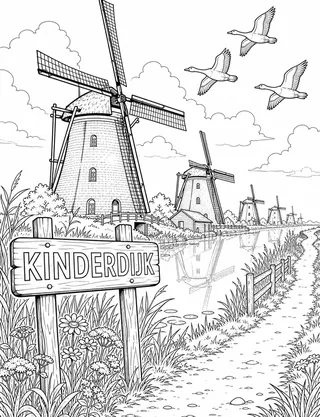Kinderdijk Netherlands coloring page with detailed line art
