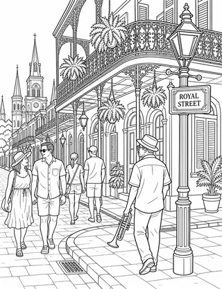 Detailed coloring page of Lively but uncluttered French Quarter street scene with authentic Creole townhouses featuring Royal Street sign