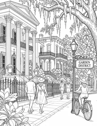 Detailed coloring page of Garden District walking scene with grand Greek Revival and Italianate homes featuring Garden District sign