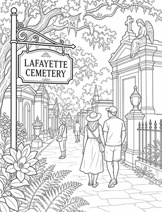 Detailed coloring page of Atmospheric featuring Lafayette Cemetery sign