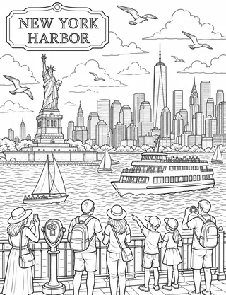 Detailed coloring page of New York Harbor Arrival featuring New York Harbor sign