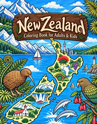 New Zealand Coloring Book for Adults cover illustration by Louisa May Carson