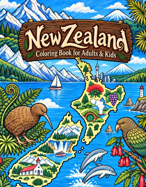 New Zealand Coloring Book for Adults cover illustration by Louisa May Carson
