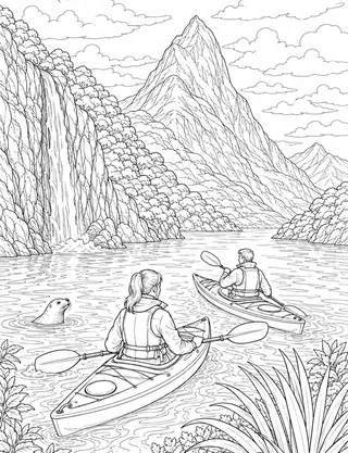 Detailed colouring page of Milford Sound / Piopiotahi kayaking
