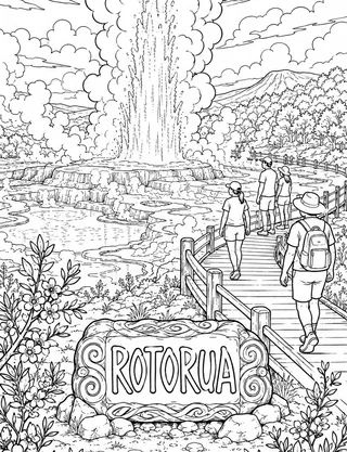 Detailed colouring page of Rotorua geothermal landscape featuring Rotorua sign