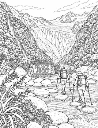 Detailed colouring page of Franz Josef Glacier valley walk featuring Franz Josef sign