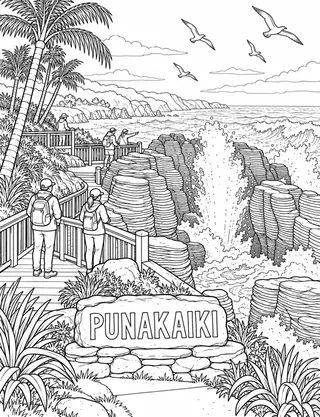 Detailed colouring page of Punakaiki Pancake Rocks blowhole featuring Punakaiki sign